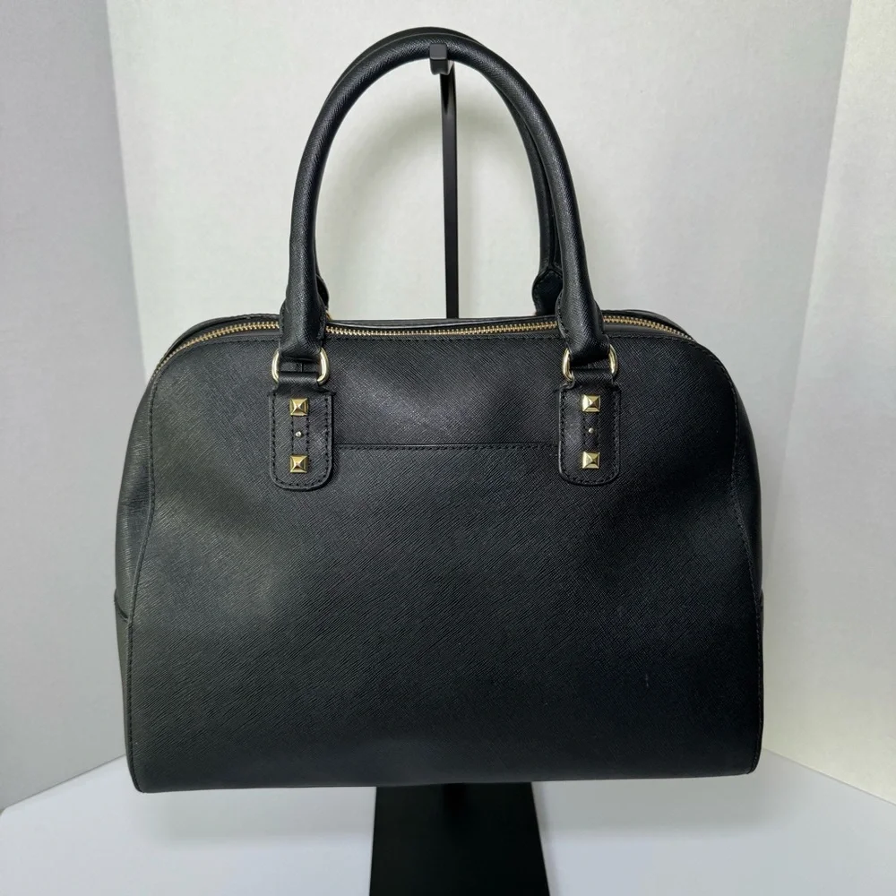 Michael Kors Sandrine Studded Satchel in Black Saffiano Leather w/ Gold Hardware